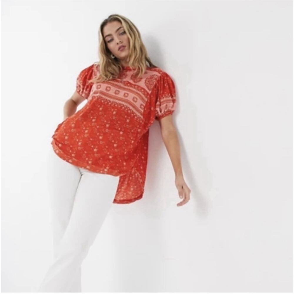 Free People Floral Scoop Neck Puff Short Sleeve low back Tunic Blouse XS - Picture 2 of 13